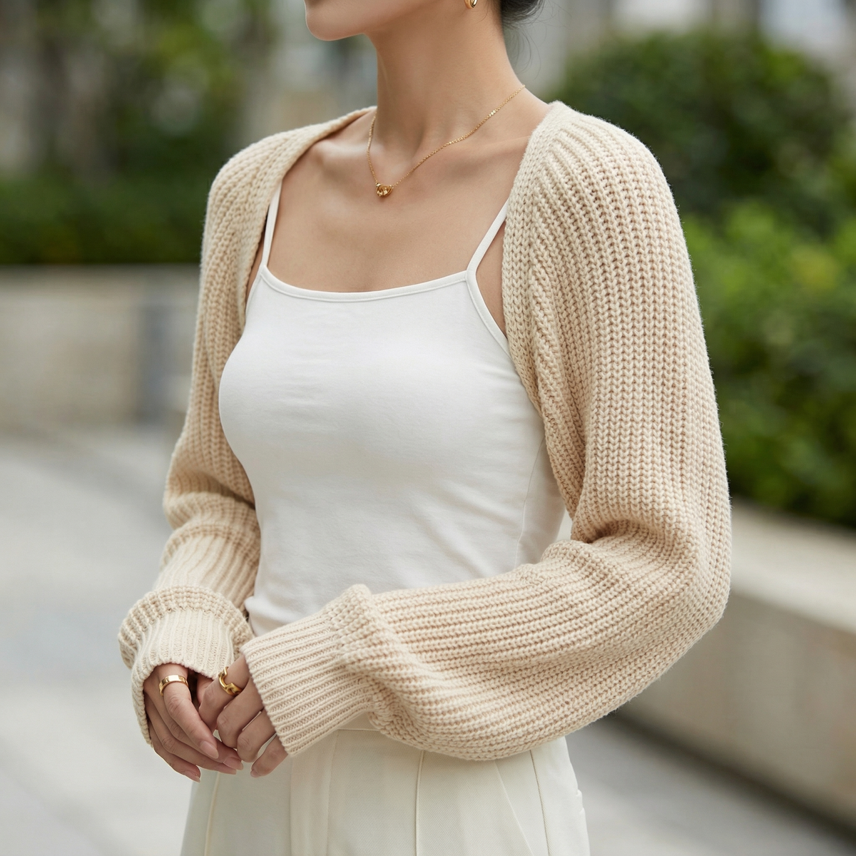 Women's Cropped Knit Shrug – ribbed raglan sleeve – product view 3
