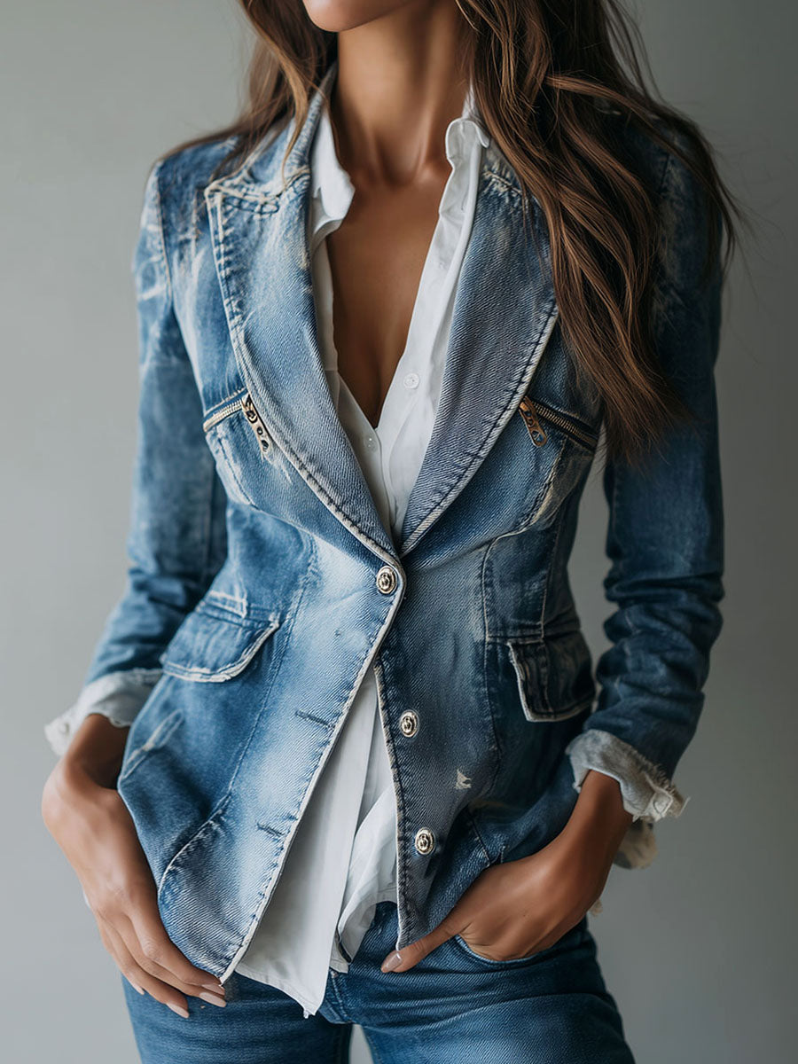 Women's Denim Blazer – Tailored Washed Cotton | The Frankie | Huna