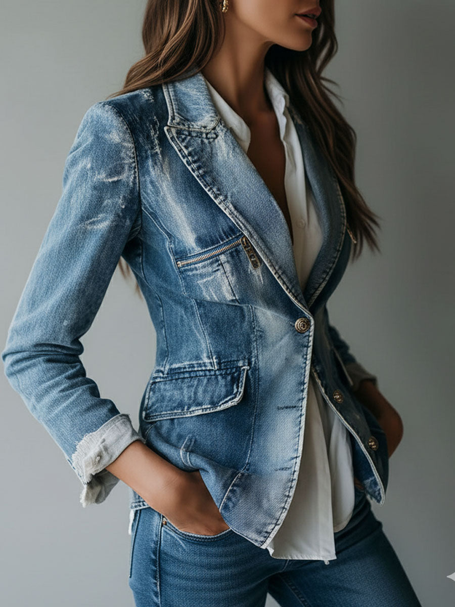 Women's Denim Blazer – Tailored Washed Cotton | The Frankie | Huna