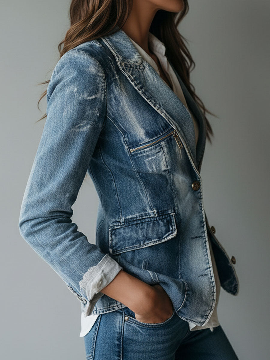 Women's Denim Blazer – Tailored Washed Cotton | The Frankie | Huna