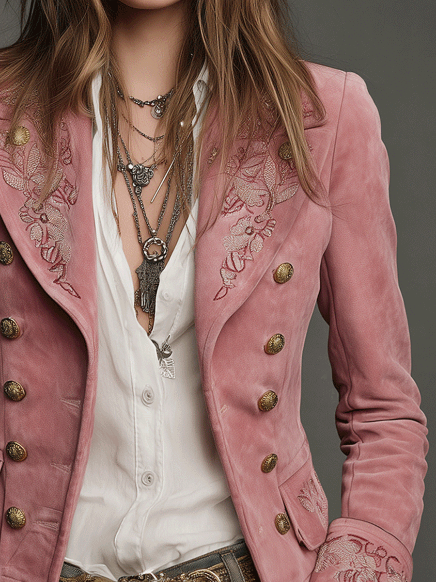 Women's Suede Jacket – Double-Breasted Embroidered | The Vivienne | Huna