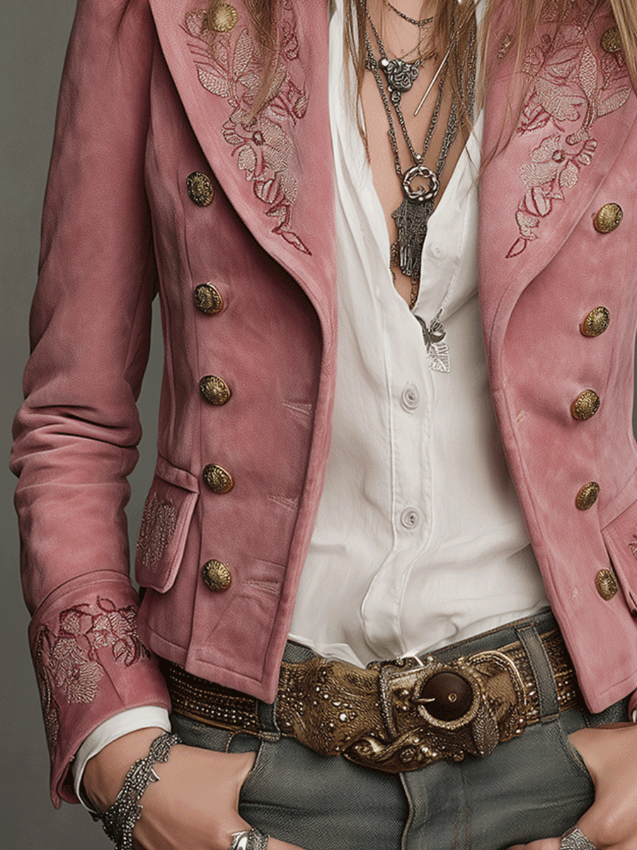 Women's Suede Jacket – Double-Breasted Embroidered | The Vivienne | Huna