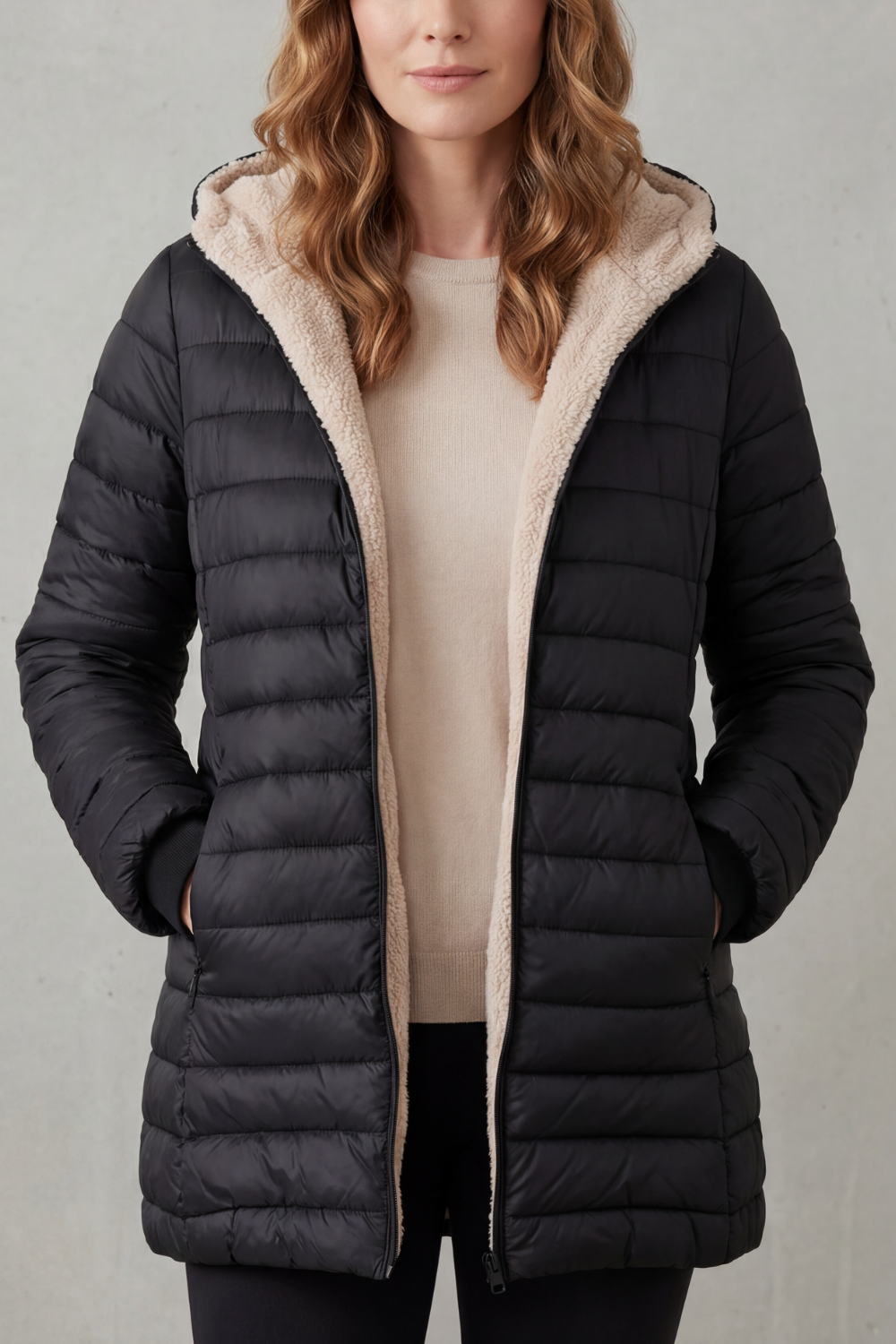 Women's Sherpa-Lined Hooded Puffer – The Yvette-Claire – image 1 – Huna