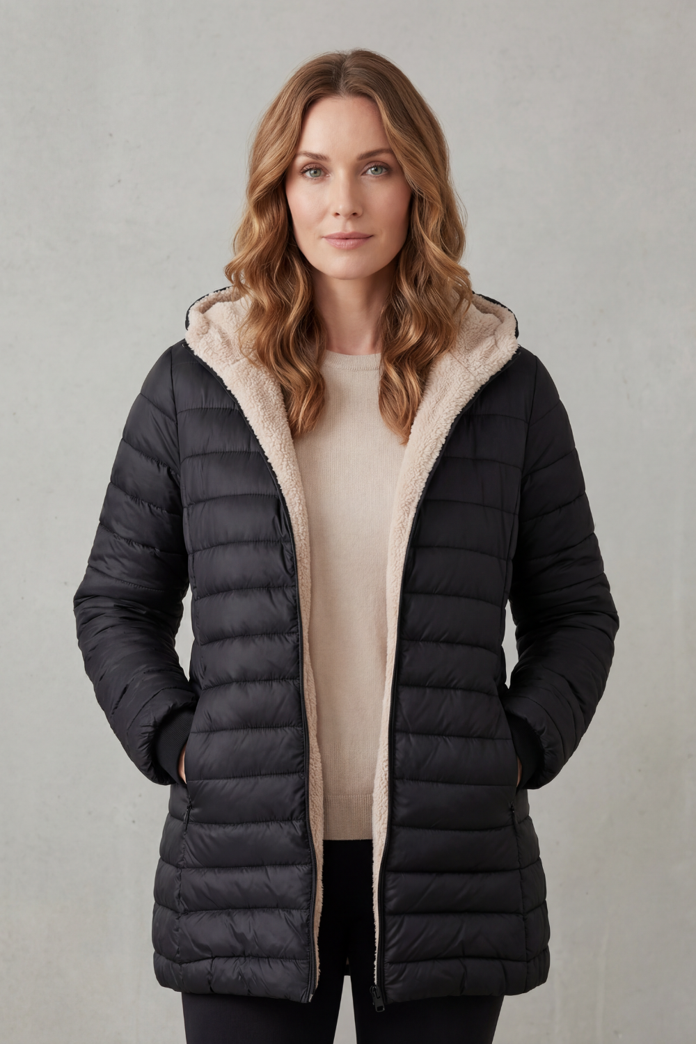 Women's Sherpa-Lined Hooded Puffer – The Yvette-Claire – image 2 – Huna