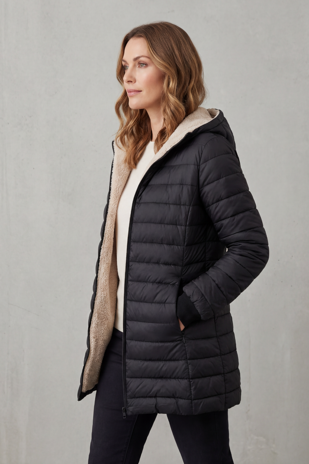 Women's Sherpa-Lined Hooded Puffer – The Yvette-Claire – image 3 – Huna