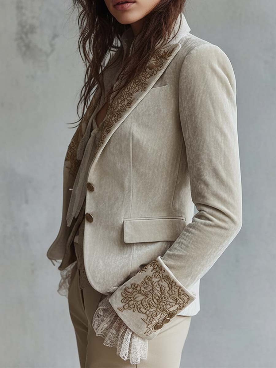 Women's Velvet Blazer – Ivory Embroidered Lace Cuffs | The Seraphina | Huna