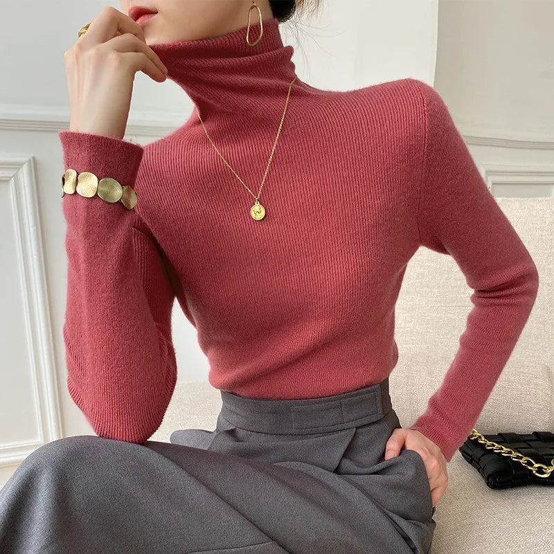 Women's Slim Cashmere Roll Neck Jumper – lightweight stretch knit – product view 2