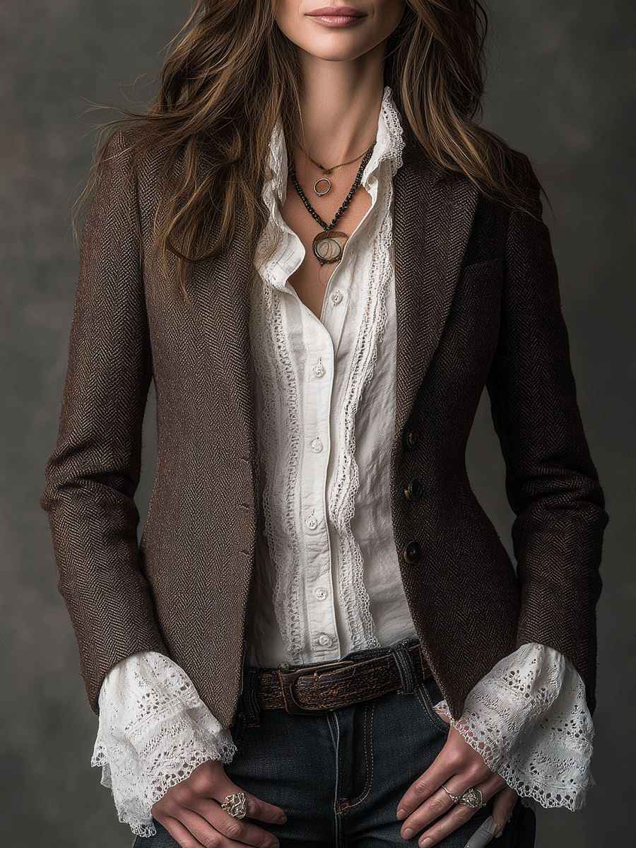 Women's Tweed Blazer – Vintage Brown Notched Lapel | The Harriet | Huna