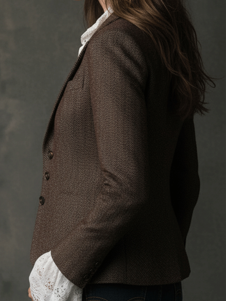 Women's Tweed Blazer – Vintage Brown Notched Lapel | The Harriet | Huna