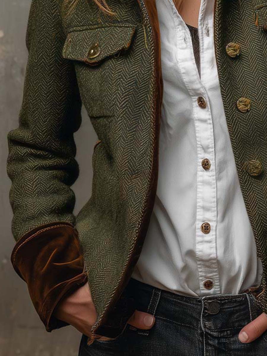 Women's Tweed Blazer – Olive Herringbone Velvet Trim | The Maeve | Huna