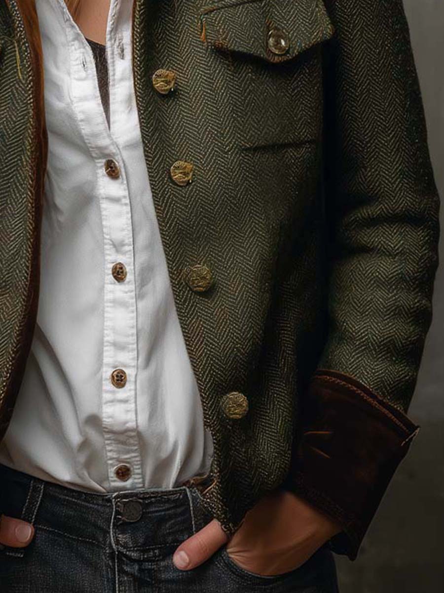 Women's Tweed Blazer – Olive Herringbone Velvet Trim | The Maeve | Huna