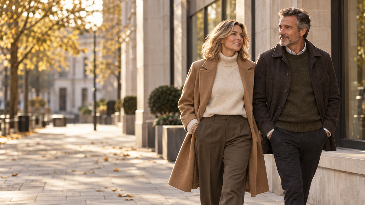 Woman and man wearing refined autumn fashion in a modern British city setting