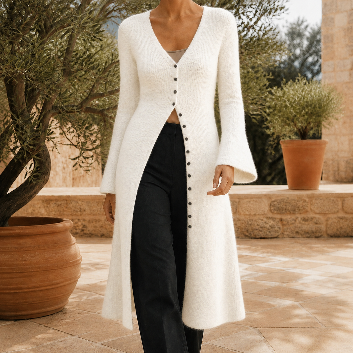 Women's Longline V-Neck Cardigan – button front wool blend – product view 4