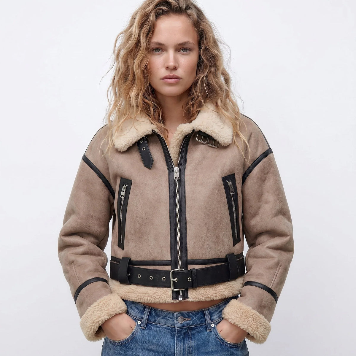 Women's Cropped Shearling Jacket in brown – The Wynelle side view 1
