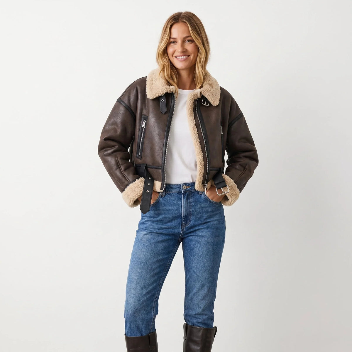 Women's Shearling Bomber Jacket in brown – The Florienne styled view 1