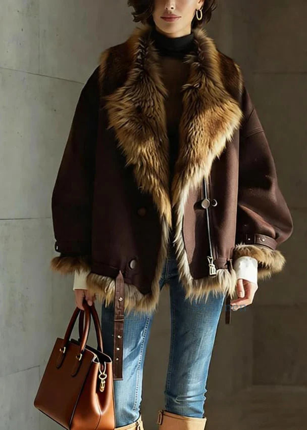 Women's Brown Faux Fur Jacket in brown – The Otteline styled view 1