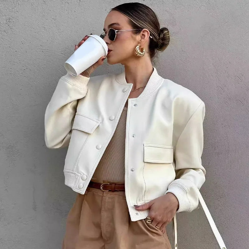 Women's Cropped Leather Bomber in apricot – The Maevora front view 1
