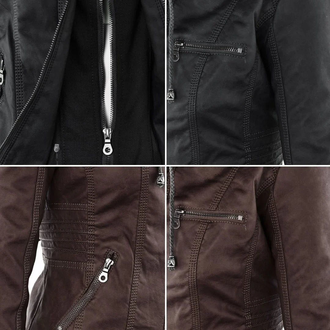 Women's Hooded Leather Jacket in camel – The Rosavie side view 4