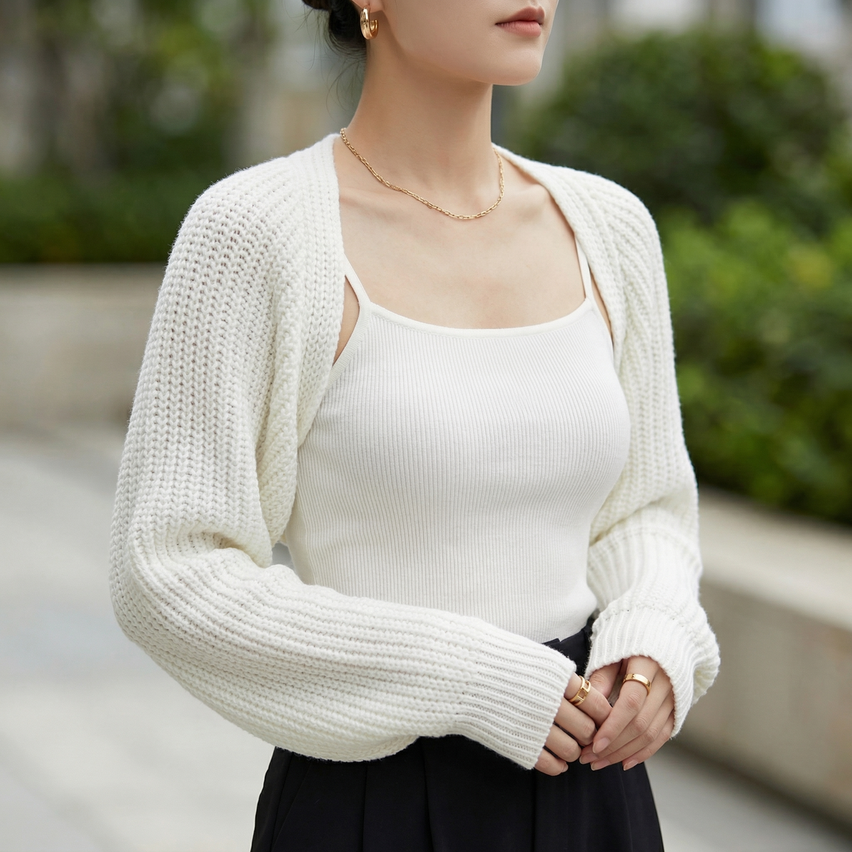 Women's Cropped Knit Shrug – ribbed raglan sleeve – product view 1