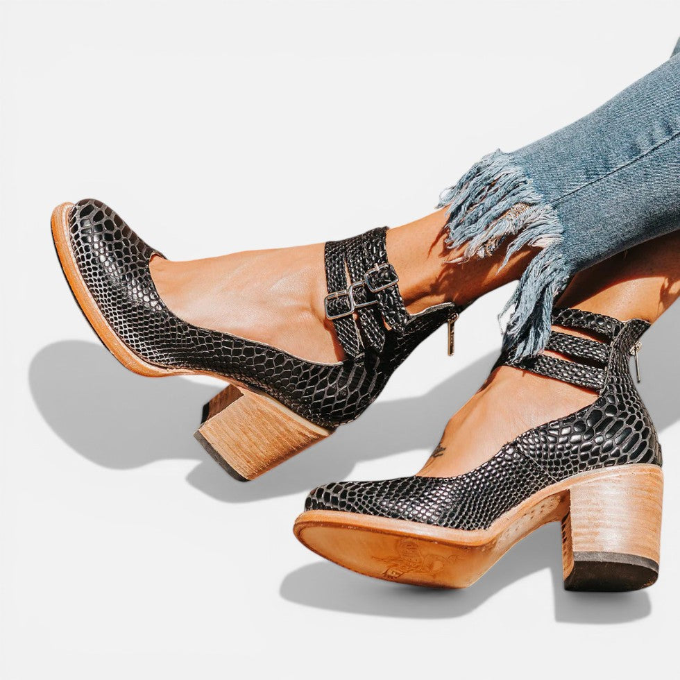 Women's Buckle Ankle Boots – stable block heel, view 3 | The Calliope | Huna
