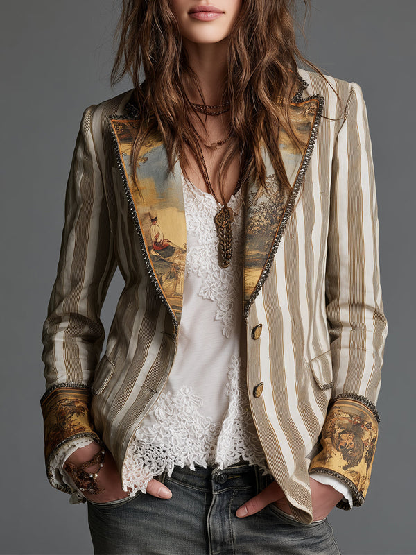Women's Striped Blazer – Bohemian Printed Lapels | The Saskia | Huna