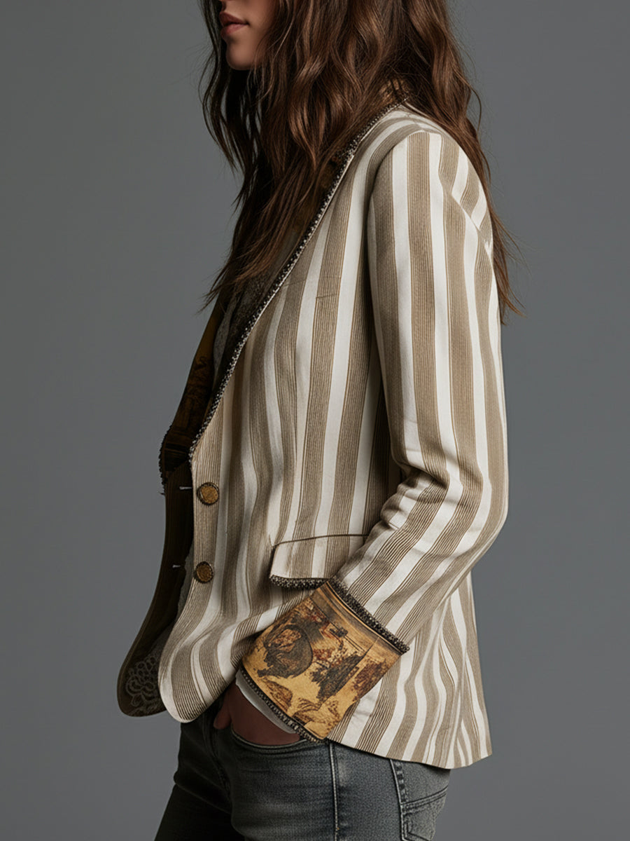 Women's Striped Blazer – Bohemian Printed Lapels | The Saskia | Huna