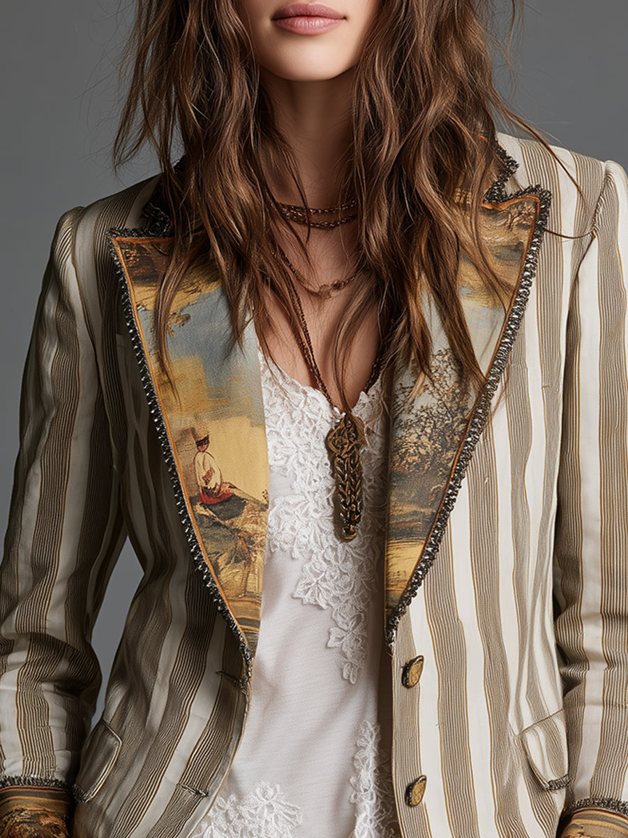 Women's Striped Blazer – Bohemian Printed Lapels | The Saskia | Huna