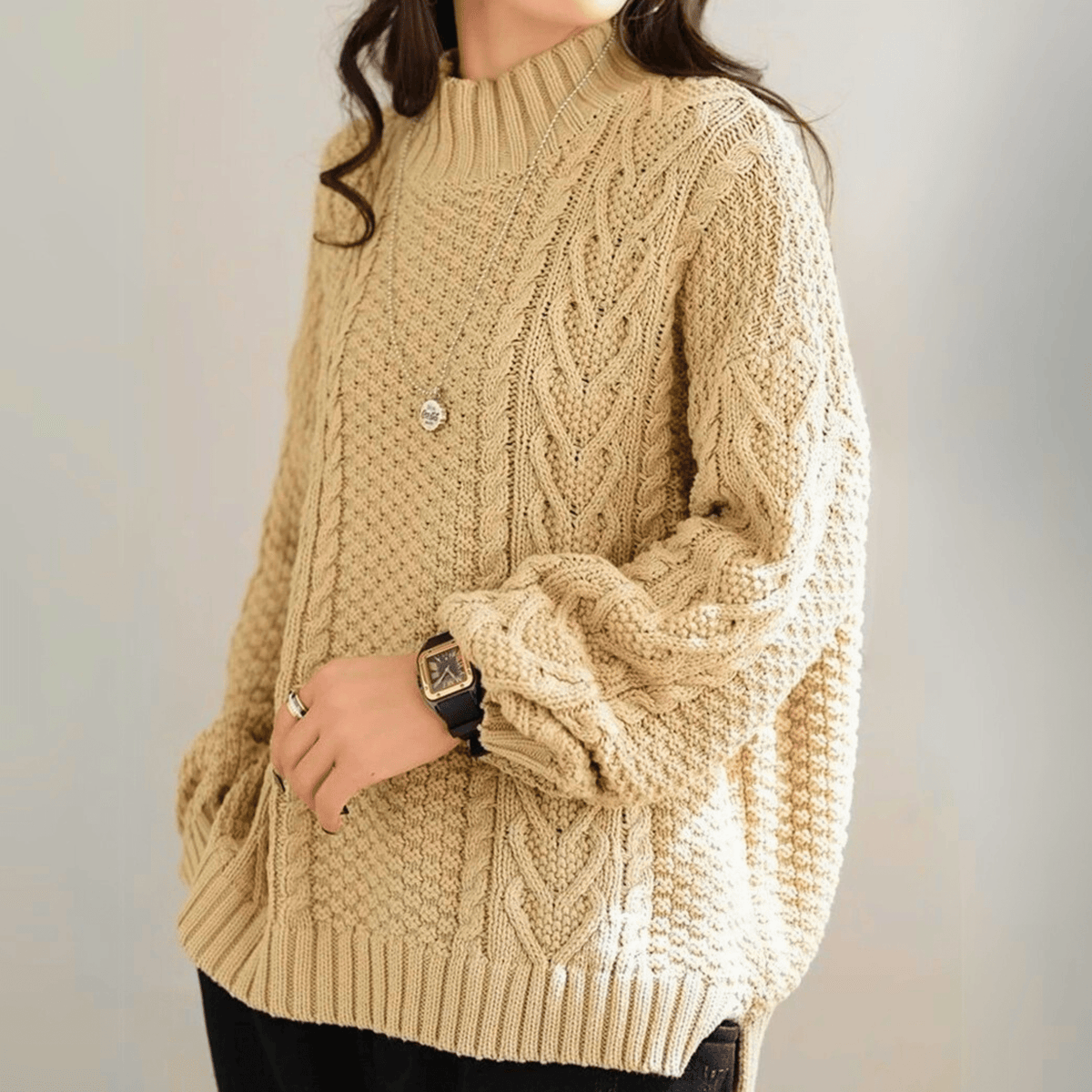 Women's Chunky Cable Knit Jumper – mock neck relaxed fit – product view 6