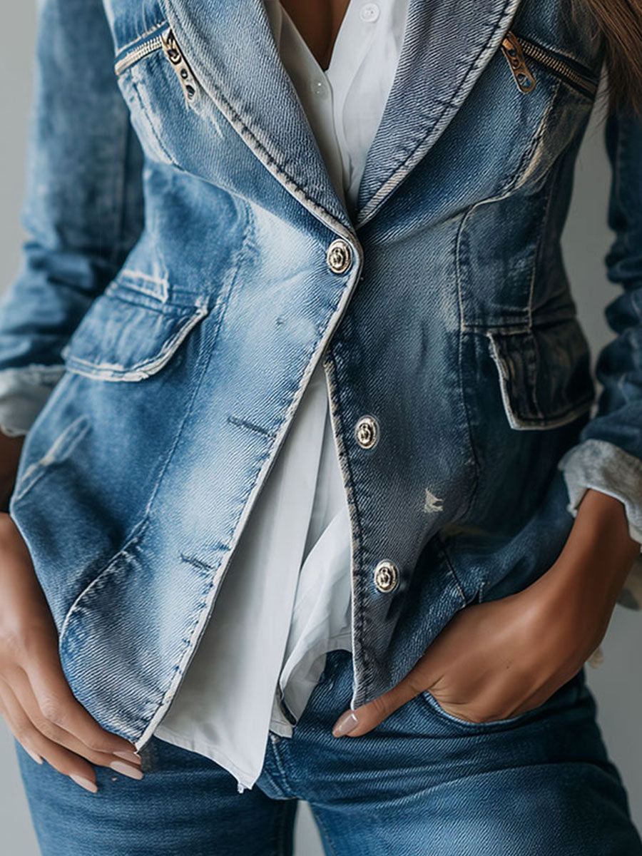Women's Denim Blazer – Tailored Washed Cotton | The Frankie | Huna