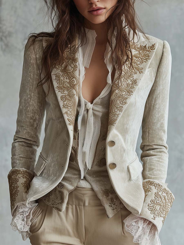 Women's Velvet Blazer – Ivory Embroidered Lace Cuffs | The Seraphina | Huna