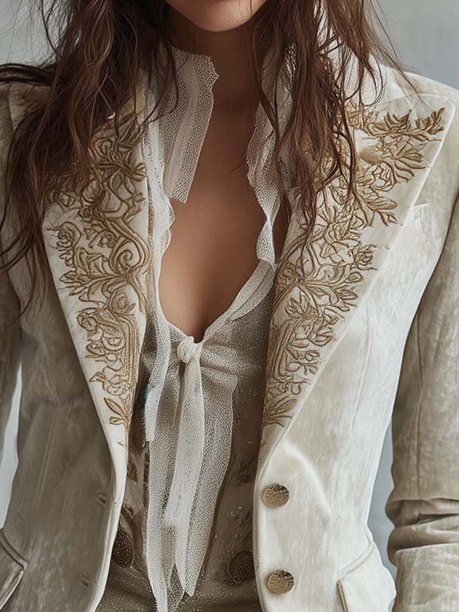 Women's Velvet Blazer – Ivory Embroidered Lace Cuffs | The Seraphina | Huna