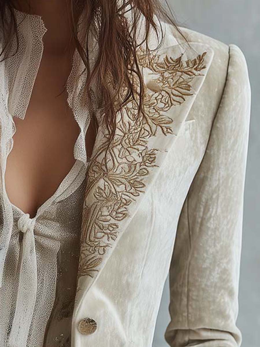 Women's Velvet Blazer – Ivory Embroidered Lace Cuffs | The Seraphina | Huna