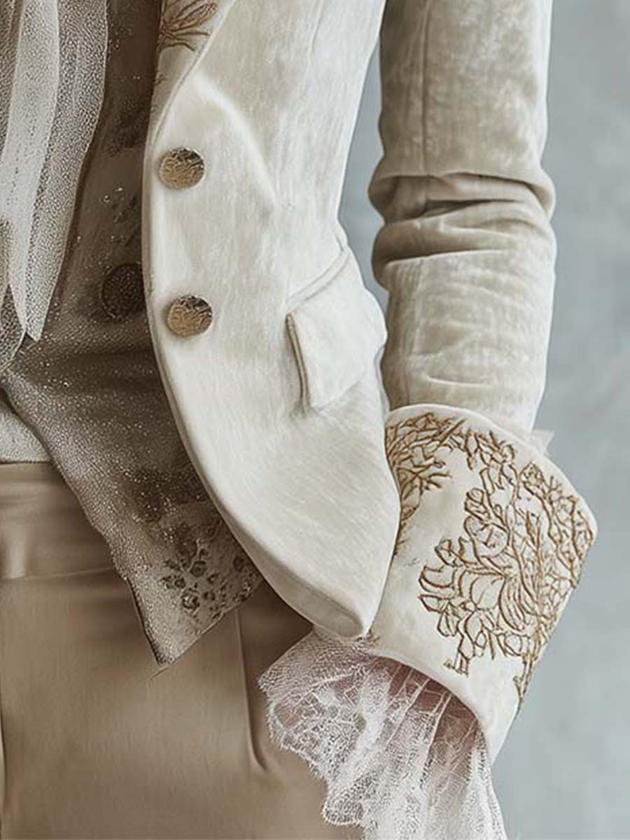 Women's Velvet Blazer – Ivory Embroidered Lace Cuffs | The Seraphina | Huna
