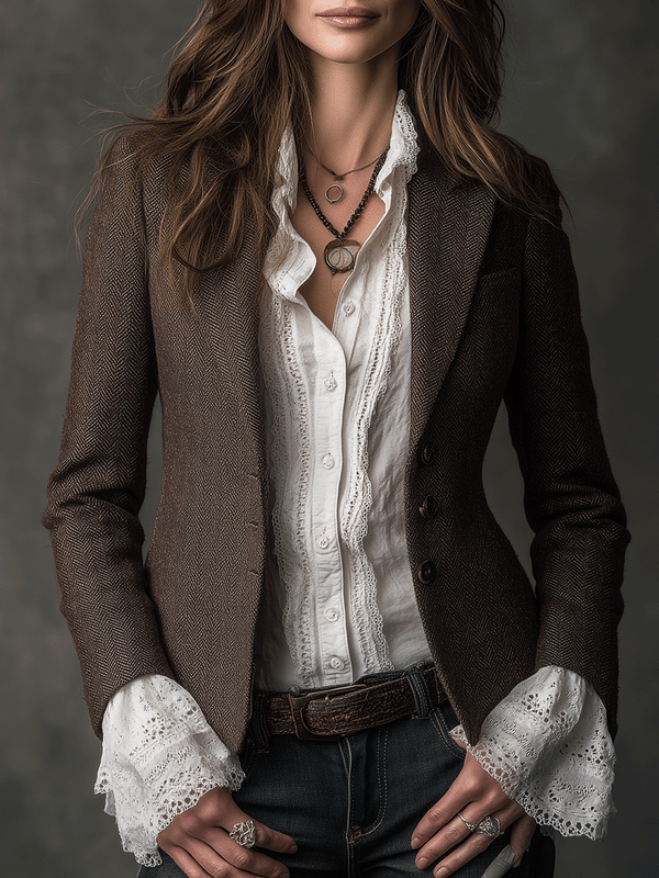 Women's Tweed Blazer – Vintage Brown Notched Lapel | The Harriet | Huna