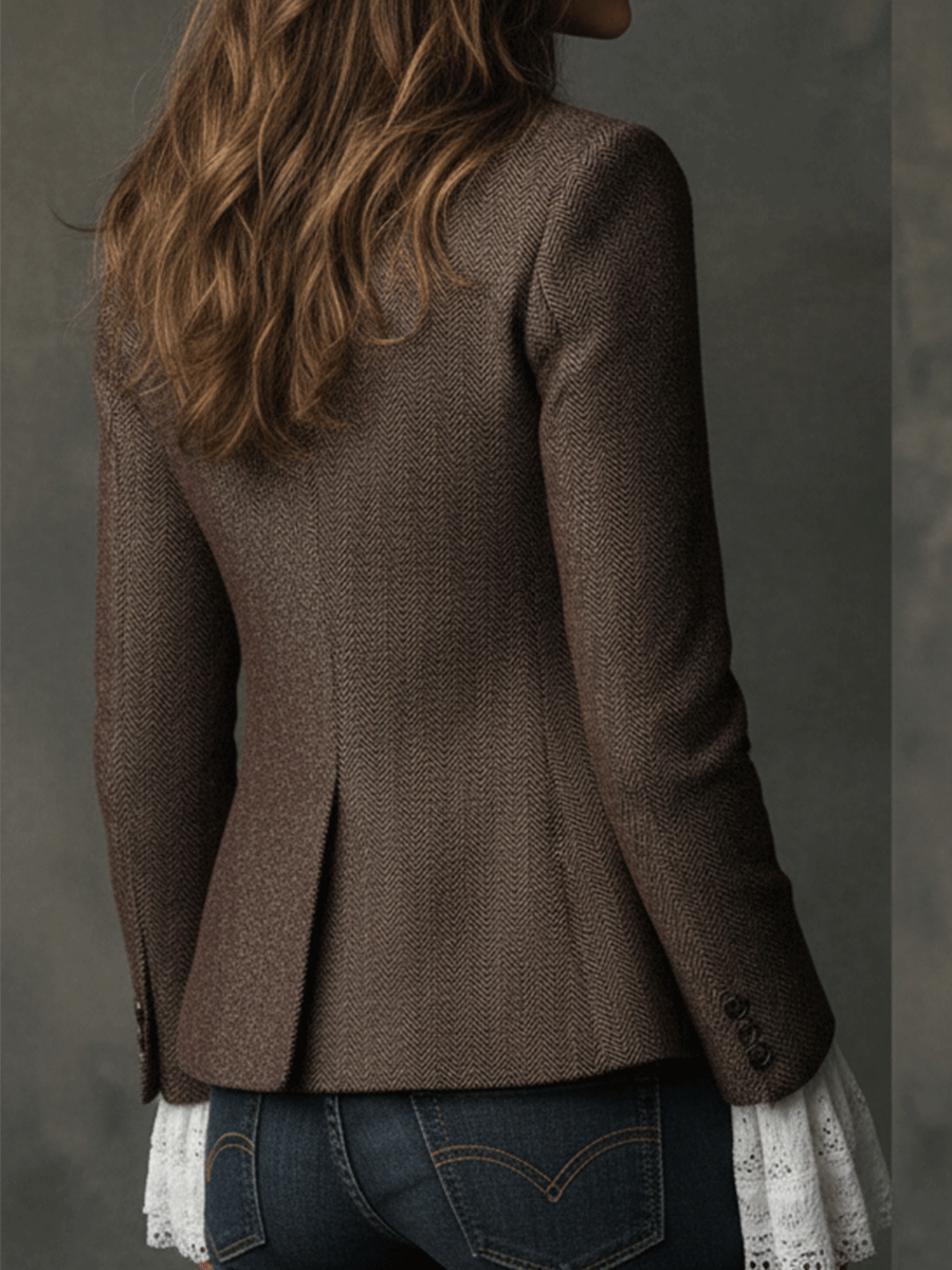 Women's Tweed Blazer – Vintage Brown Notched Lapel | The Harriet | Huna