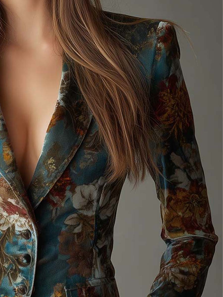 Women's Velvet Blazer – Teal Floral Tailored | The Genevieve | Huna