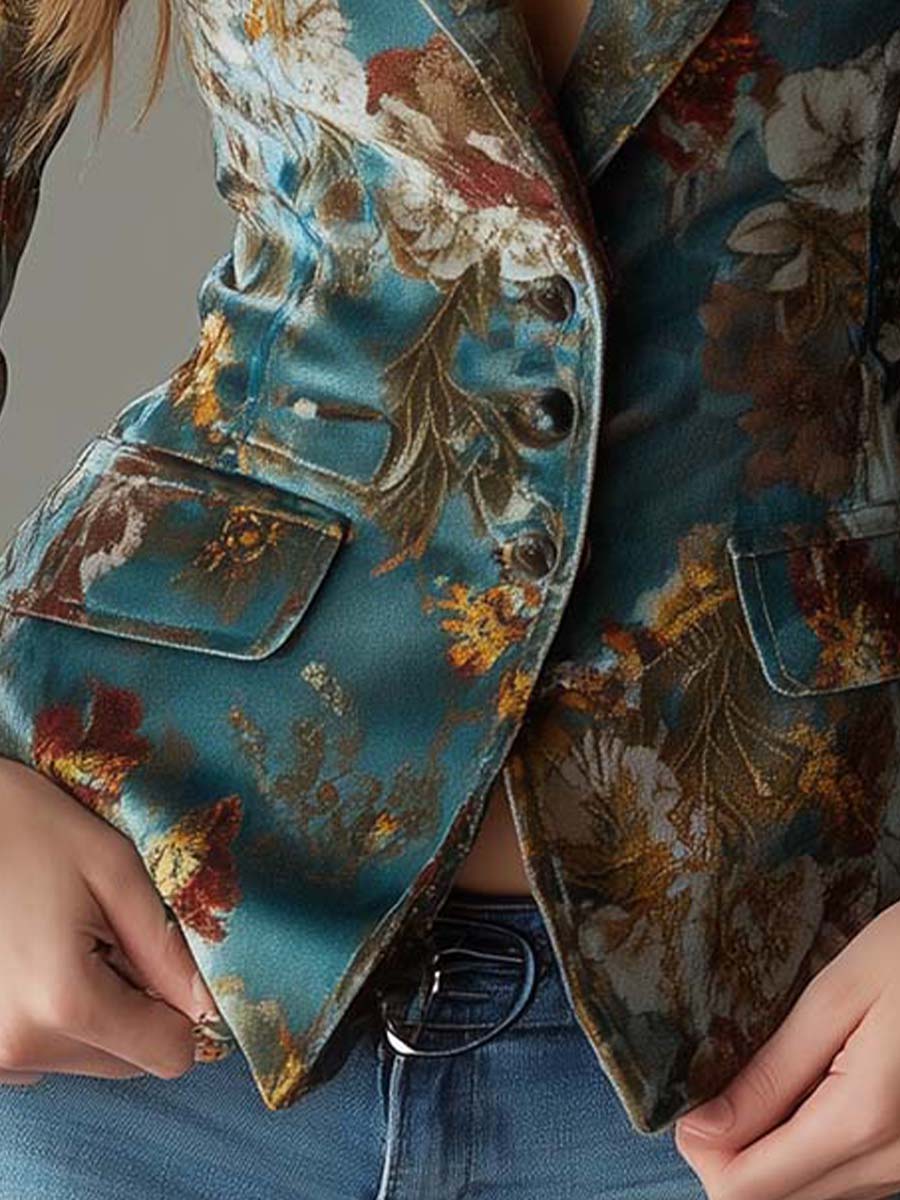 Women's Velvet Blazer – Teal Floral Tailored | The Genevieve | Huna