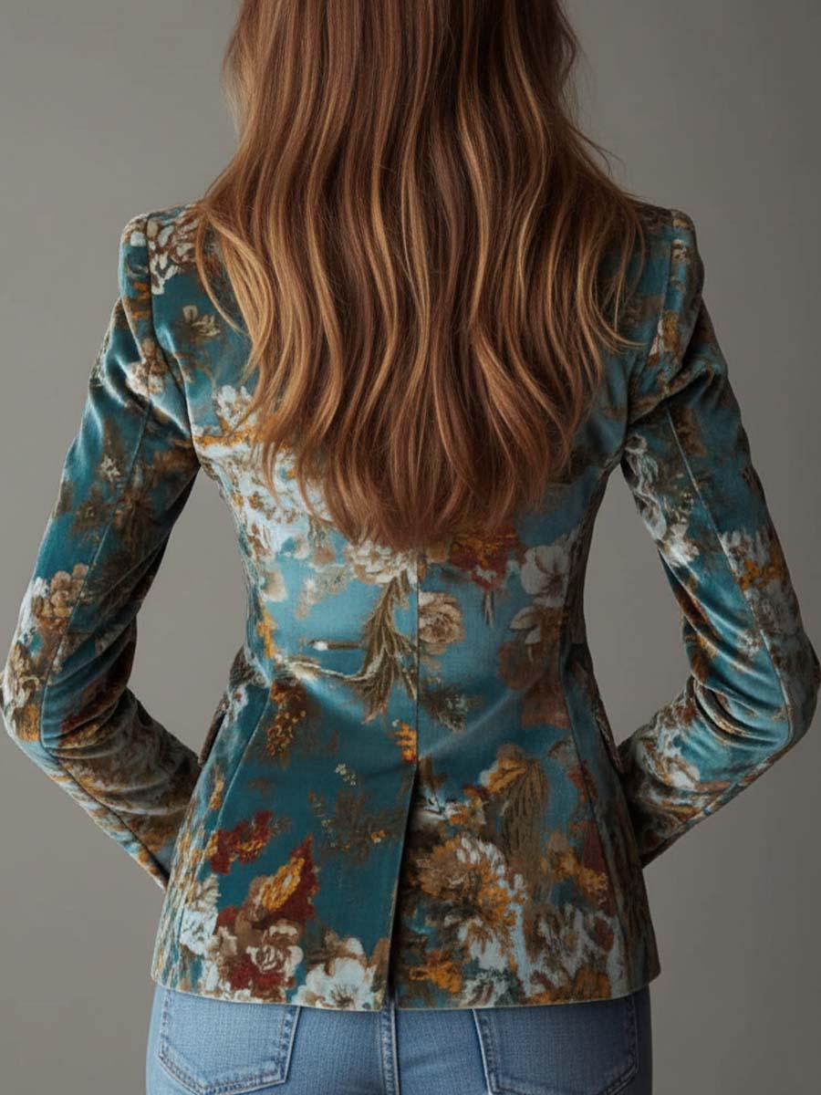 Women's Velvet Blazer – Teal Floral Tailored | The Genevieve | Huna