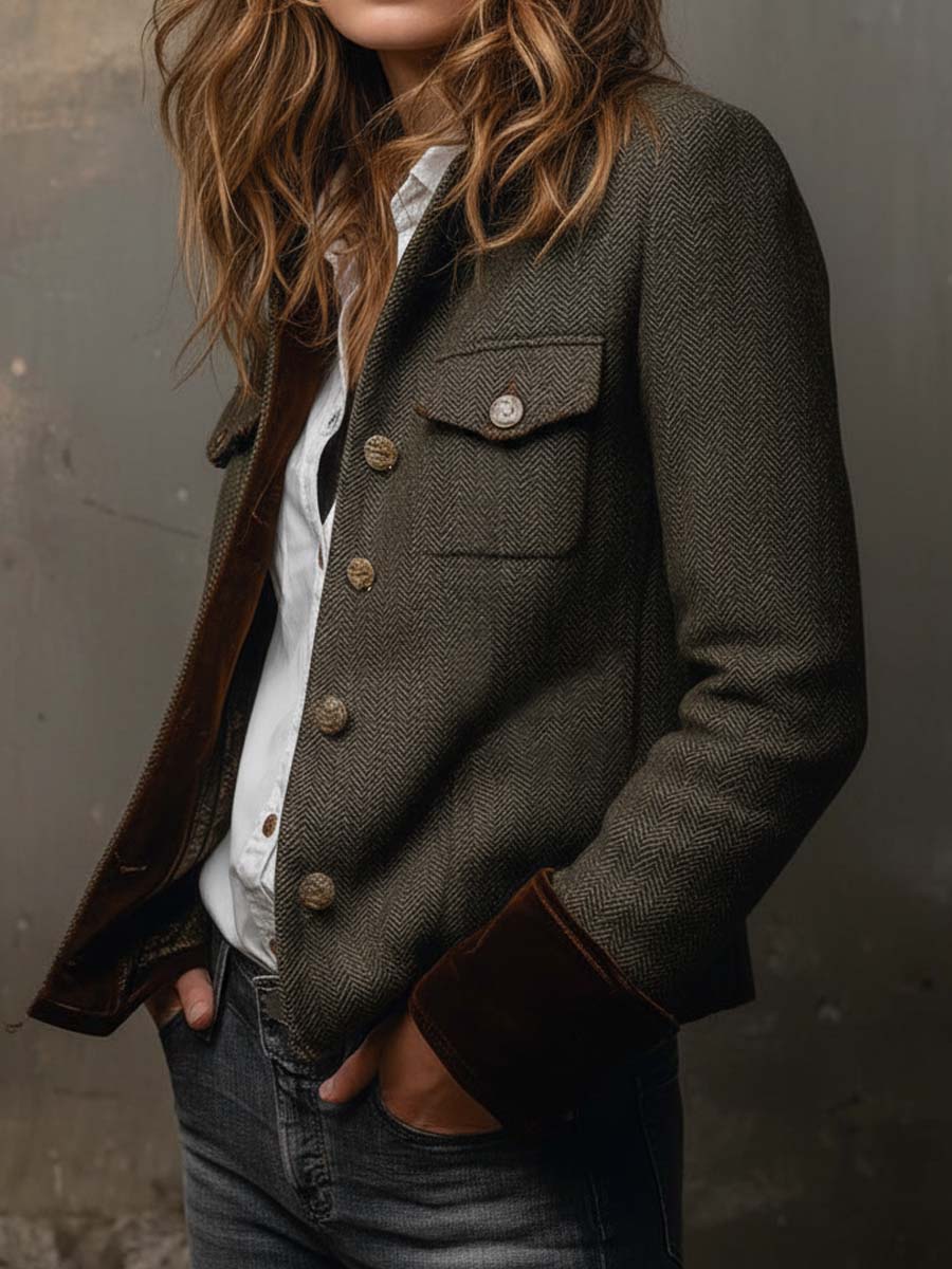 Women's Tweed Blazer – Olive Herringbone Velvet Trim | The Maeve | Huna