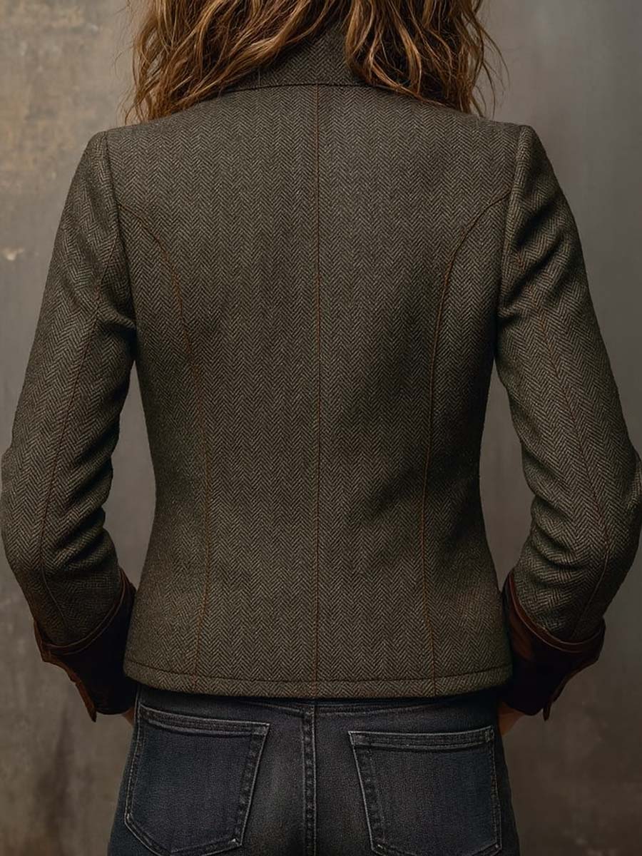 Women's Tweed Blazer – Olive Herringbone Velvet Trim | The Maeve | Huna