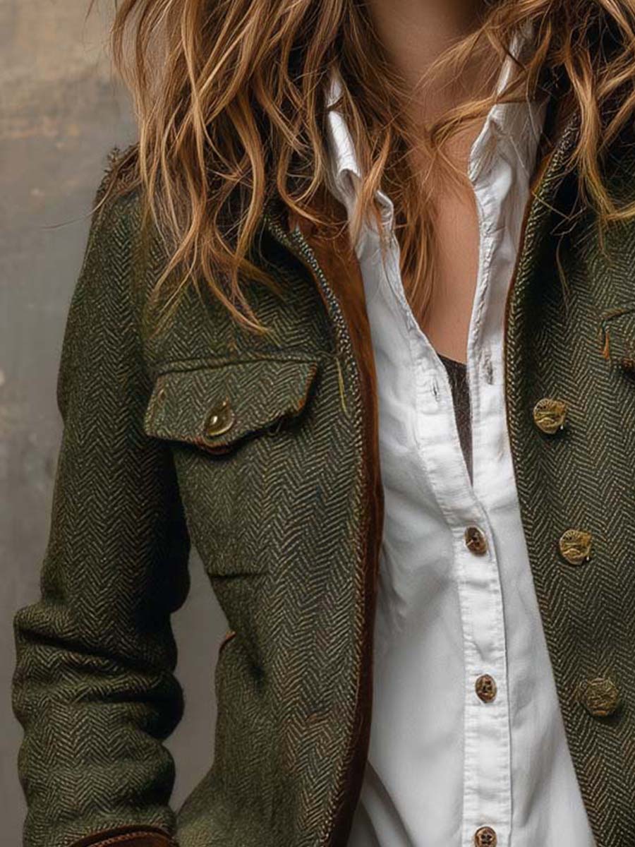 Women's Tweed Blazer – Olive Herringbone Velvet Trim | The Maeve | Huna