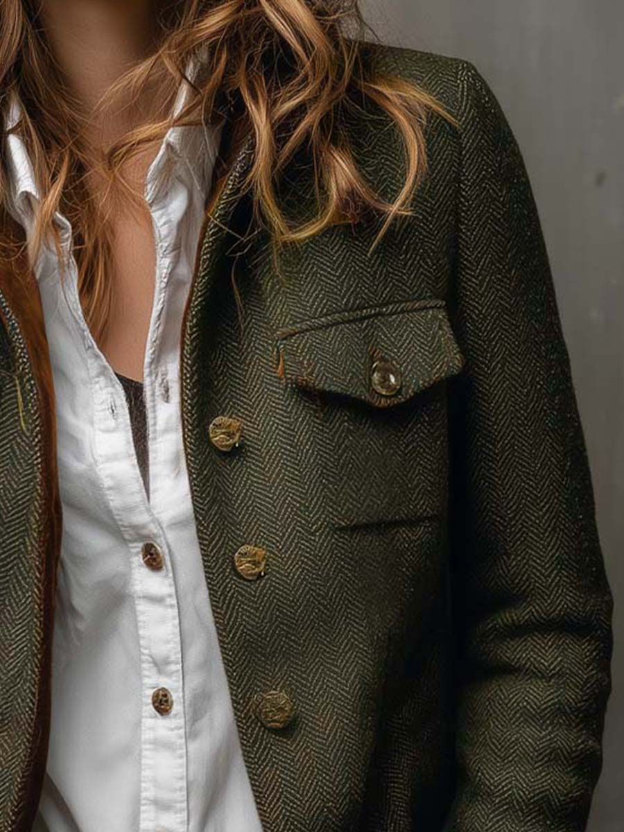 Women's Tweed Blazer – Olive Herringbone Velvet Trim | The Maeve | Huna