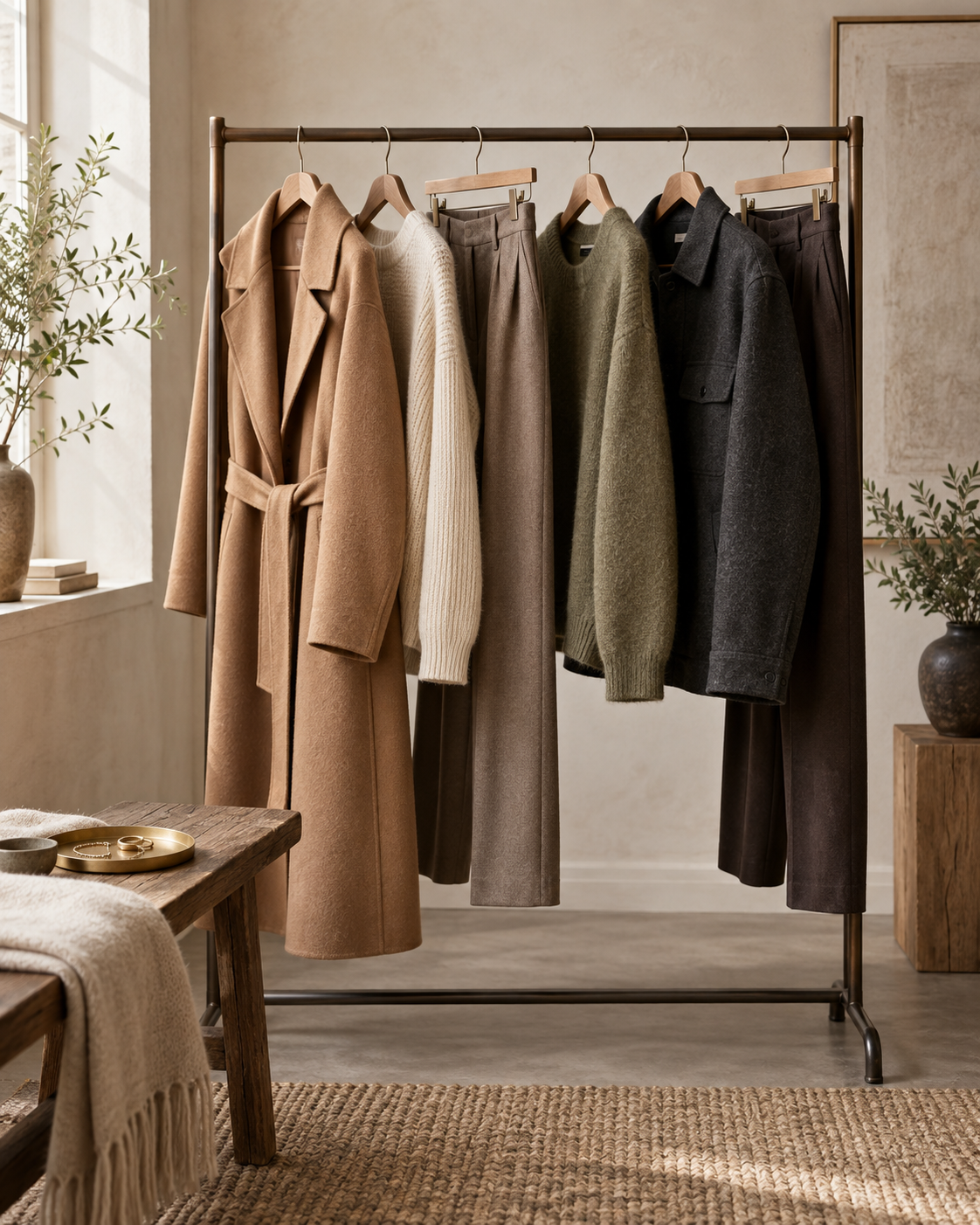 Curated women's and men's autumn wardrobe in warm neutral colours