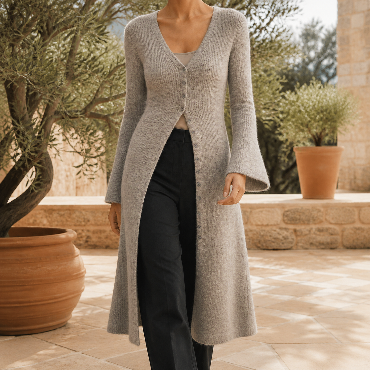 Women's Longline V-Neck Cardigan – button front wool blend – product view 1