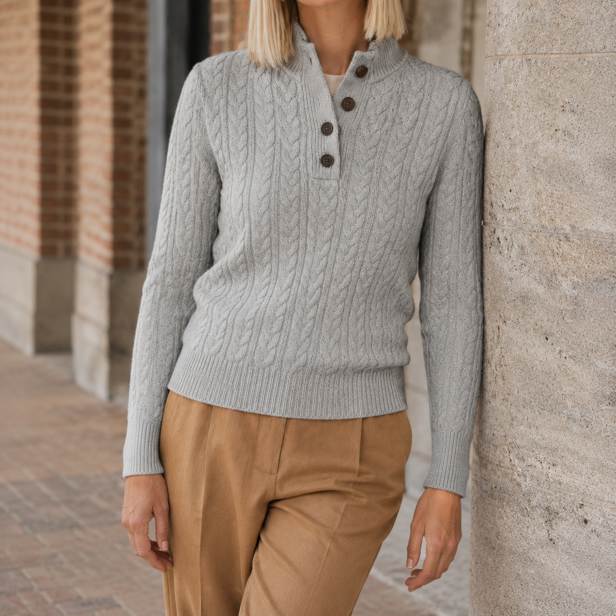 Women's Cable Knit Cashmere Jumper – button neck slim fit – product view 6