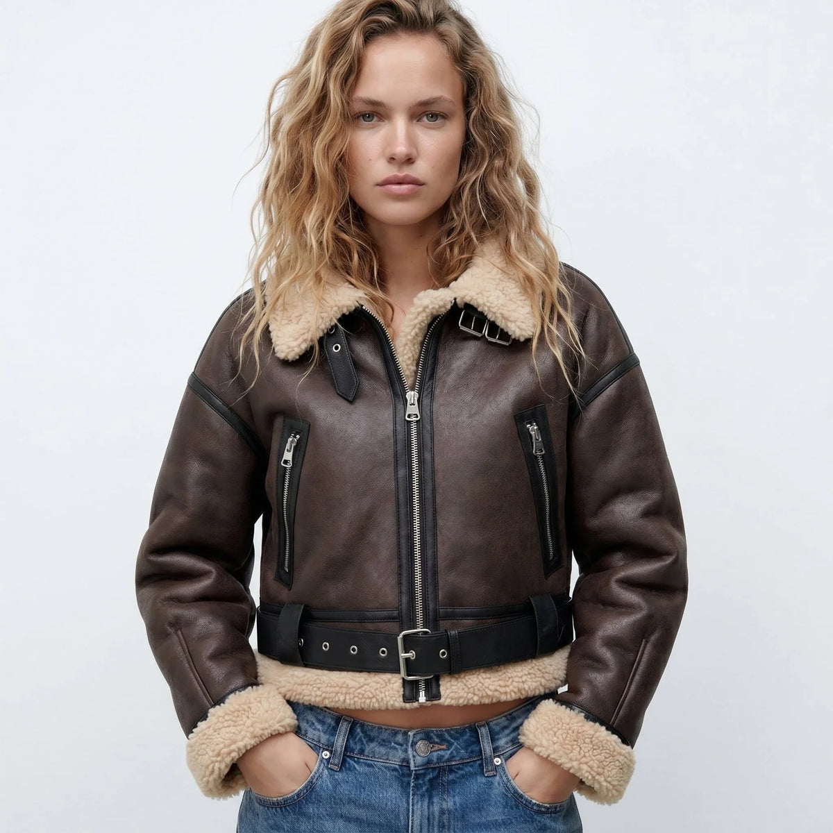 Women's Cropped Shearling Jacket in brown – The Wynelle front view 1