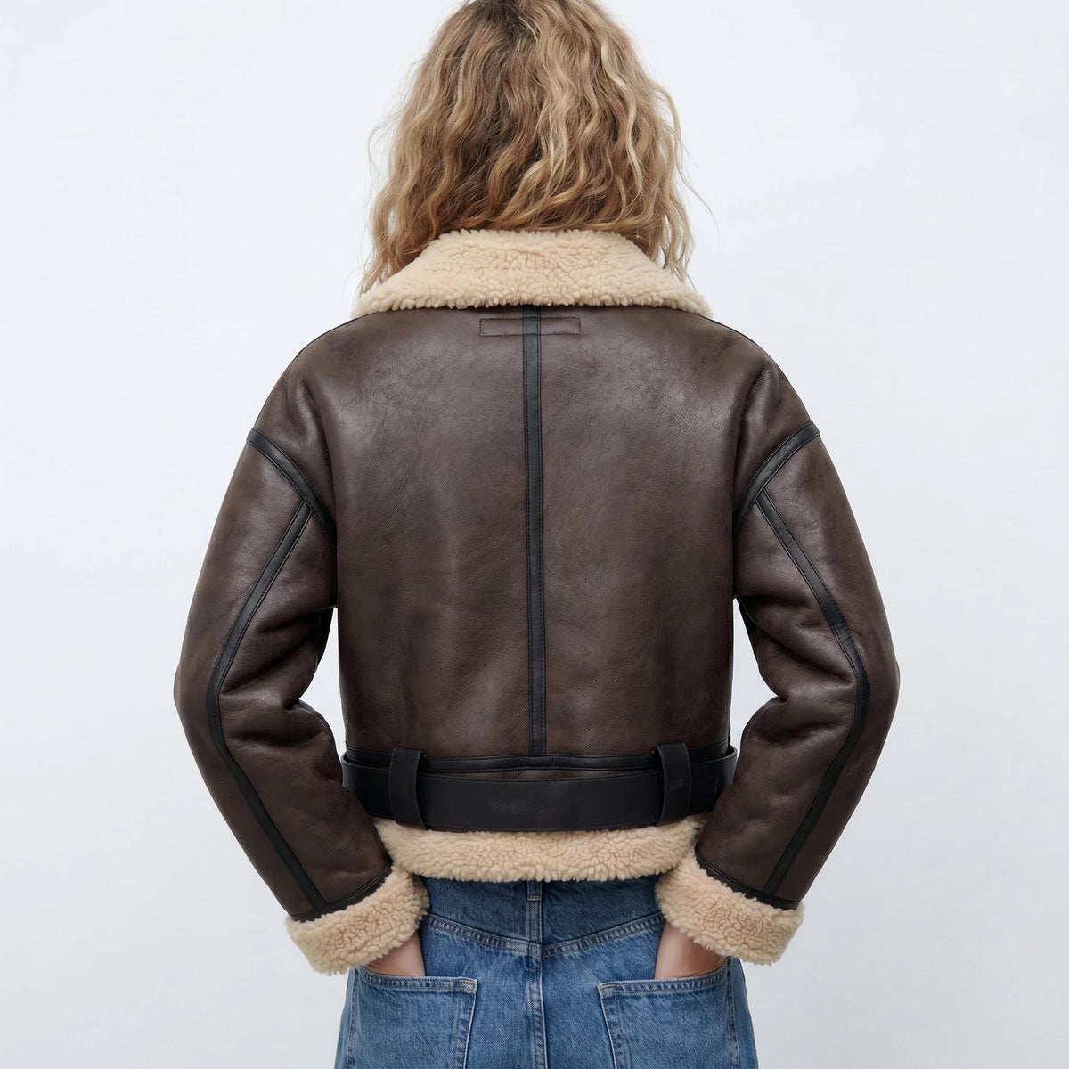 Women's Cropped Shearling Jacket in brown – The Wynelle back view 1