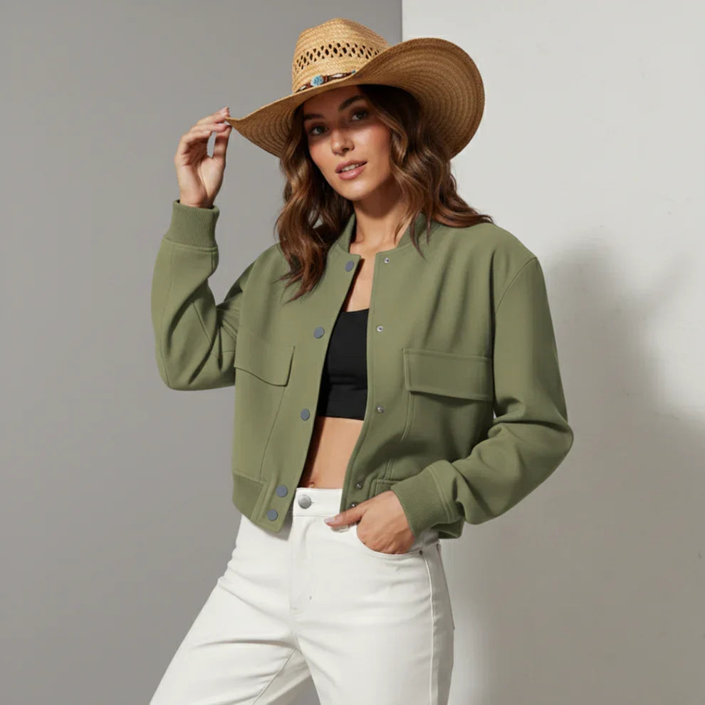 Women's Collared Leather Bomber in apricot – The Lucerra back view 1