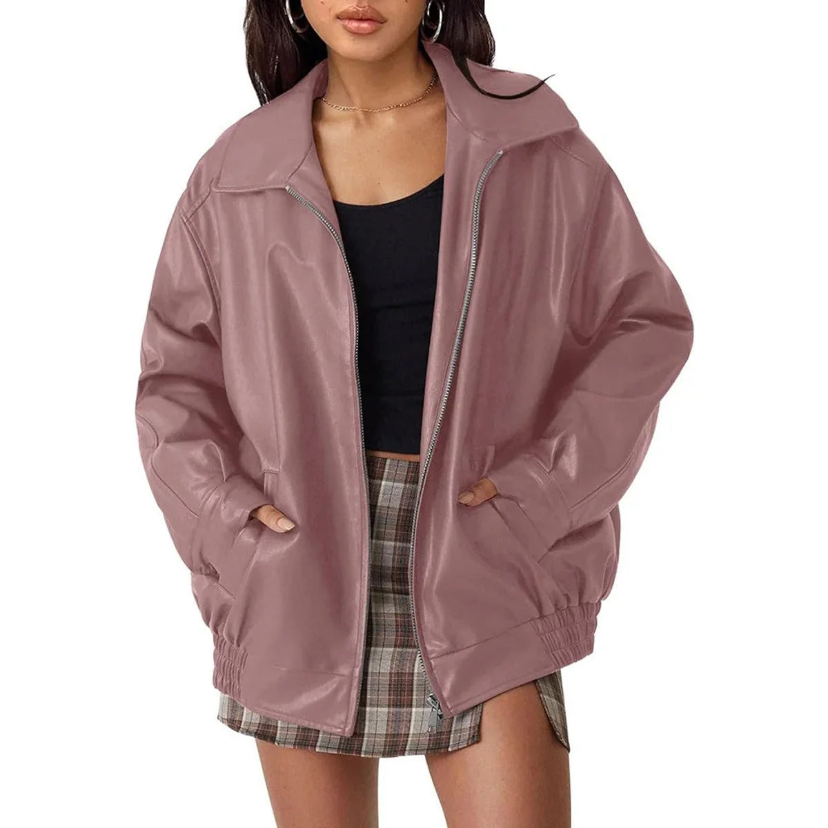 Women's Oversized Leather Bomber in dark brown – The Ysoline detail view 1