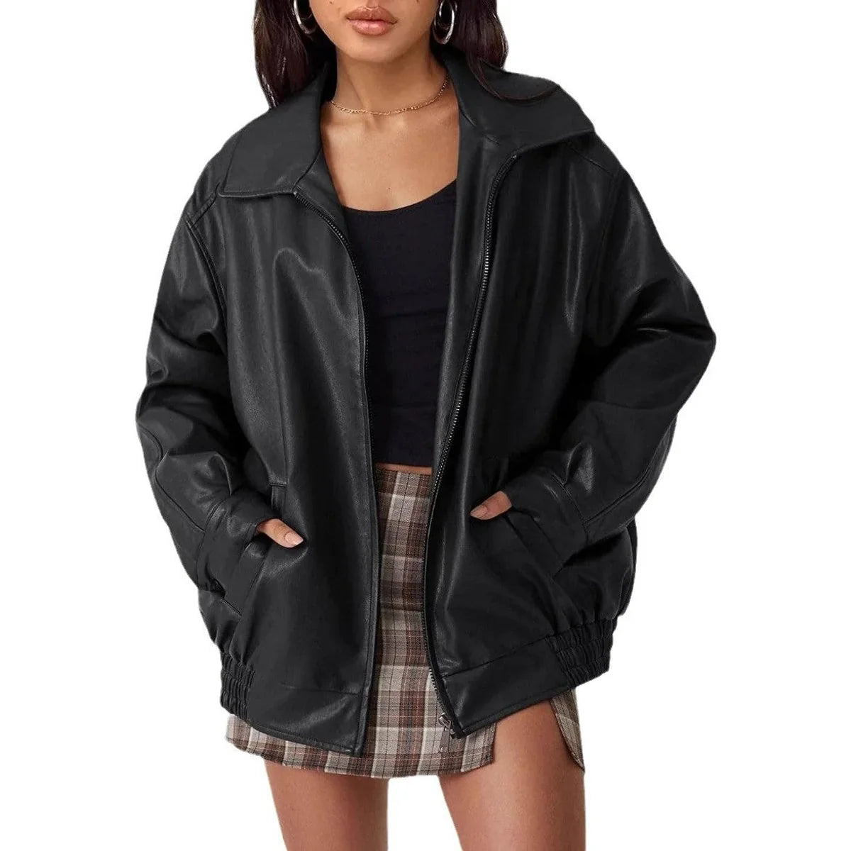 Women's Oversized Leather Bomber in dark brown – The Ysoline back view 1